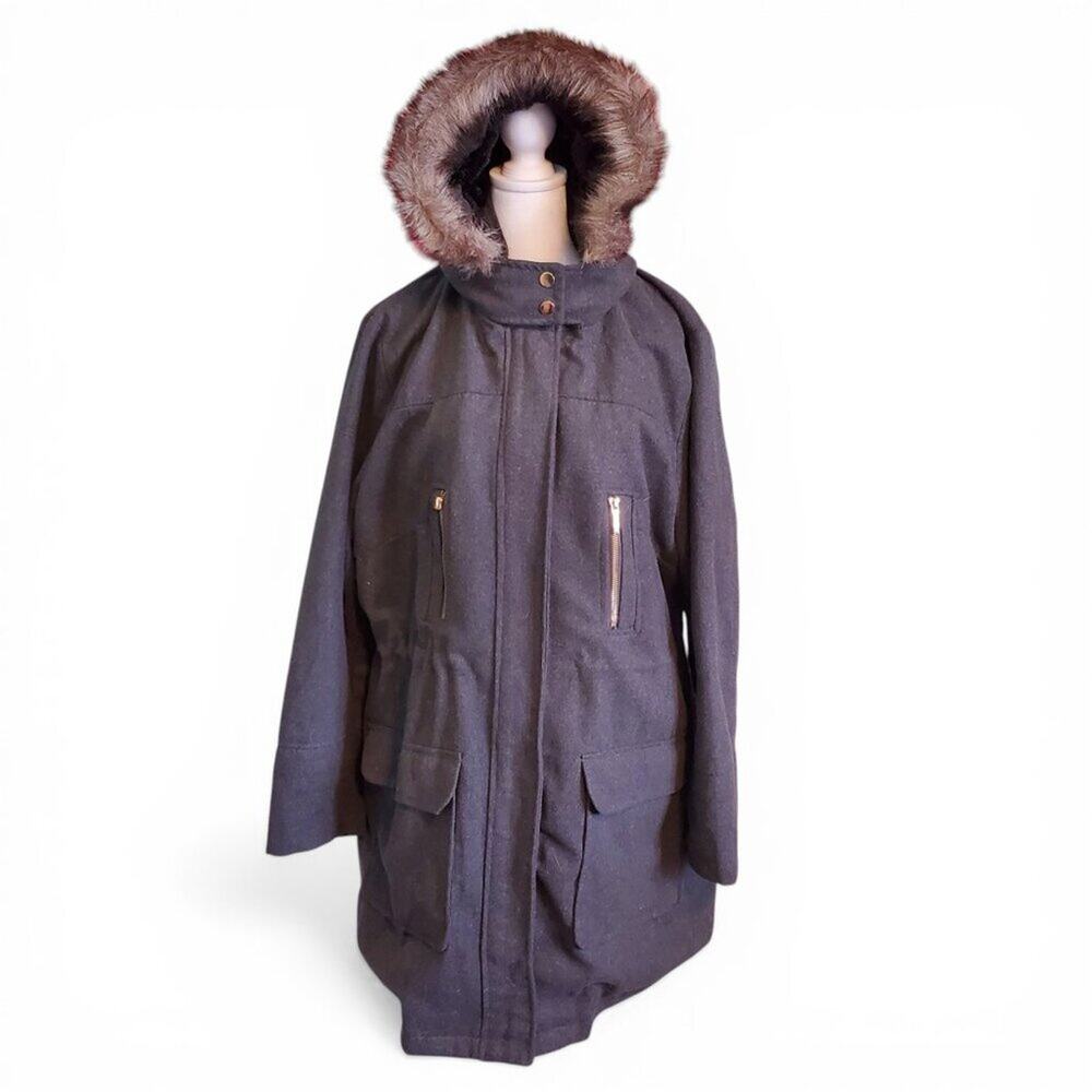 Yoki Gray Faux Fur Trim Hood Wool Blend Heavy Fur Lining Winter Coat Size Large
